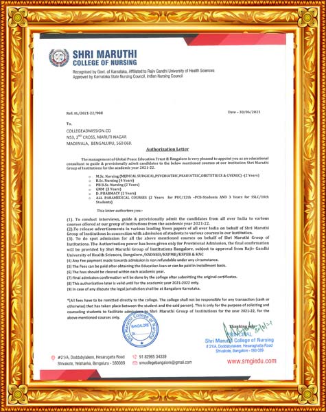 Shri Maruthi College of Nursing Bangalore Awards and Authorization